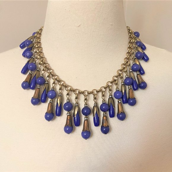 Vintage Antique Brass & Blue Glass & Rhinestone Dangle Necklace - Picture 4 of 9